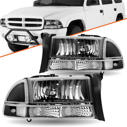 1997-2004 Dodge Dakota & 1998-2003 Durango Black Clear Headlight Assembly Pair