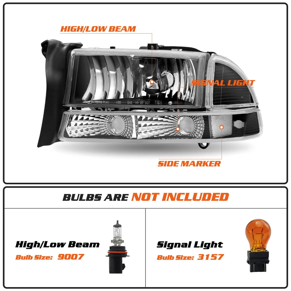 1997-2004 Dodge Dakota & 1998-2003 Durango Black Clear Headlight Assembly Pair